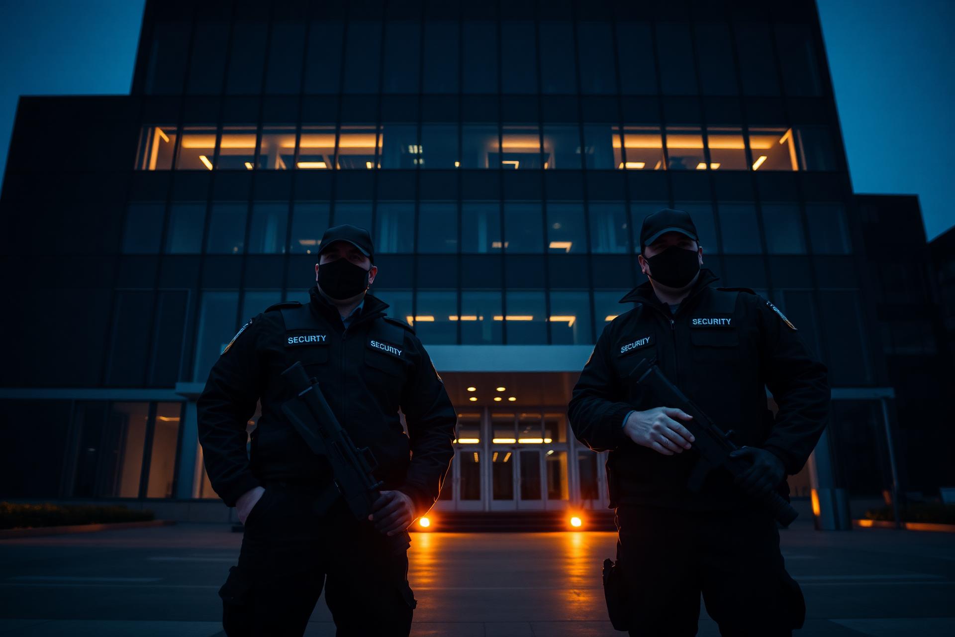 Agents W.A.T Sécurité devant un bâtiment corporate